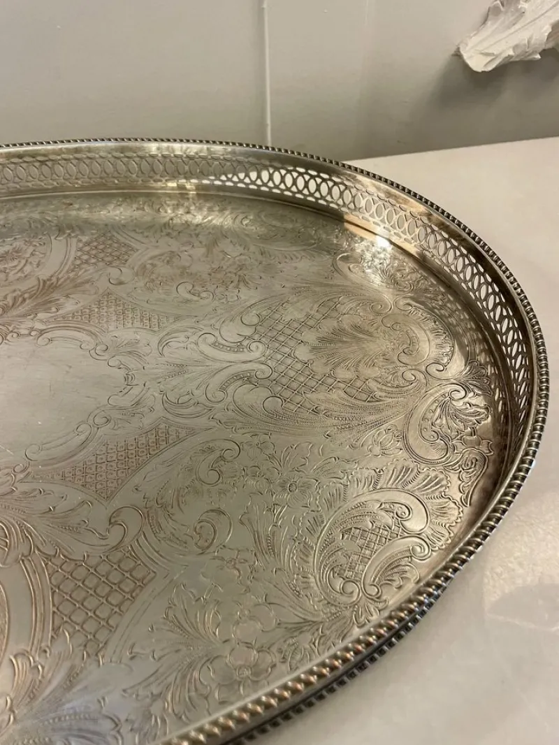 Pamono Antique Edwardian Silver-Plated Engraved Tea Tray, 1900s> Trays