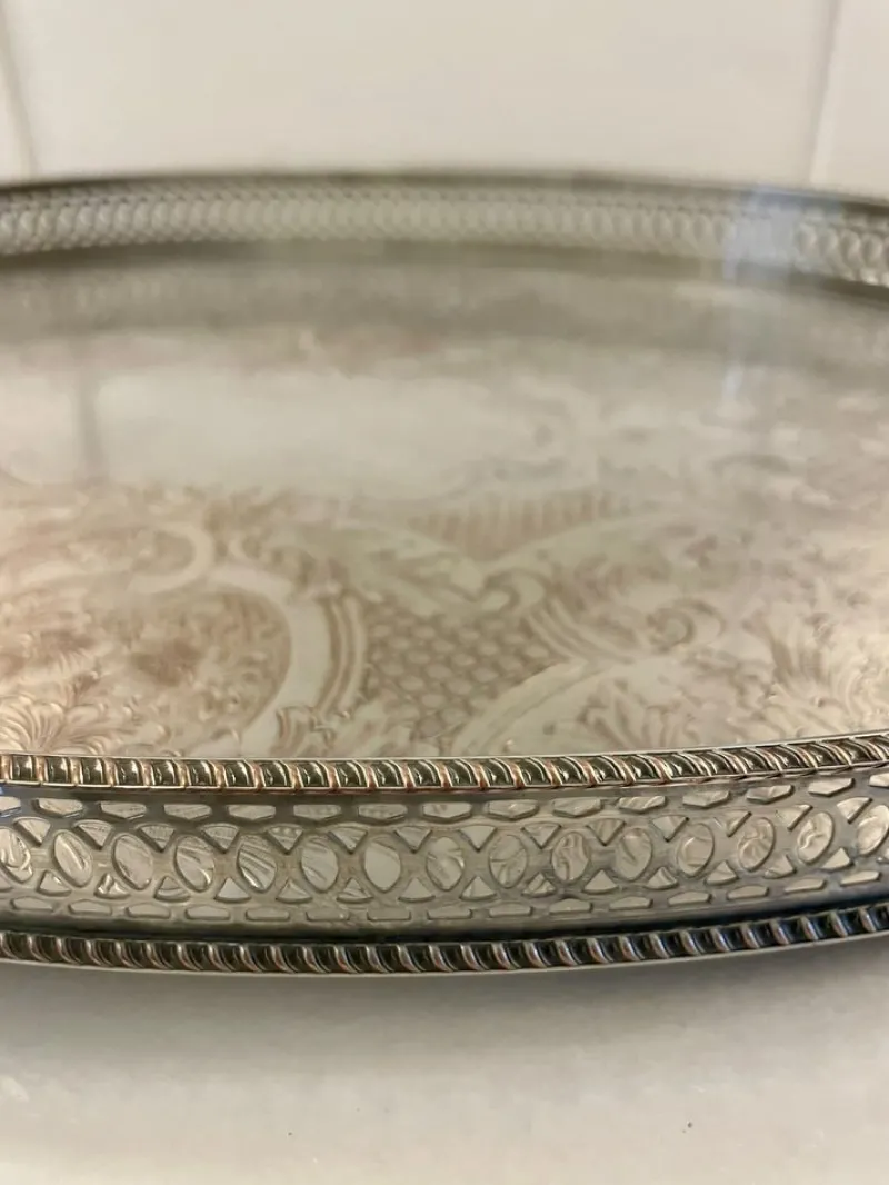 Pamono Antique Edwardian Silver-Plated Engraved Tea Tray, 1900s> Trays