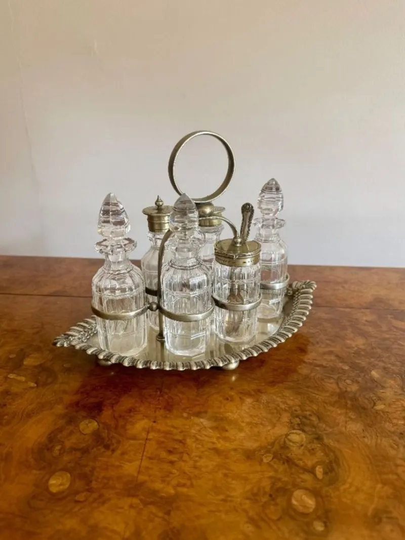 Pamono Antique Edwardian Silver-Plated Bottle Cruet Set, 1900, Set of 7> Dinnerware Accessories