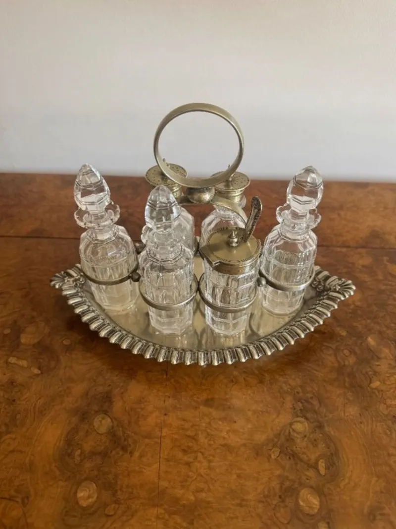 Pamono Antique Edwardian Silver-Plated Bottle Cruet Set, 1900, Set of 7> Dinnerware Accessories