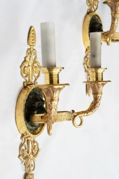 Best Pamono Antique Empire Chiseled Gilt and Satin-Finished Bronze Sconces, France, 19th Century, Set of 2