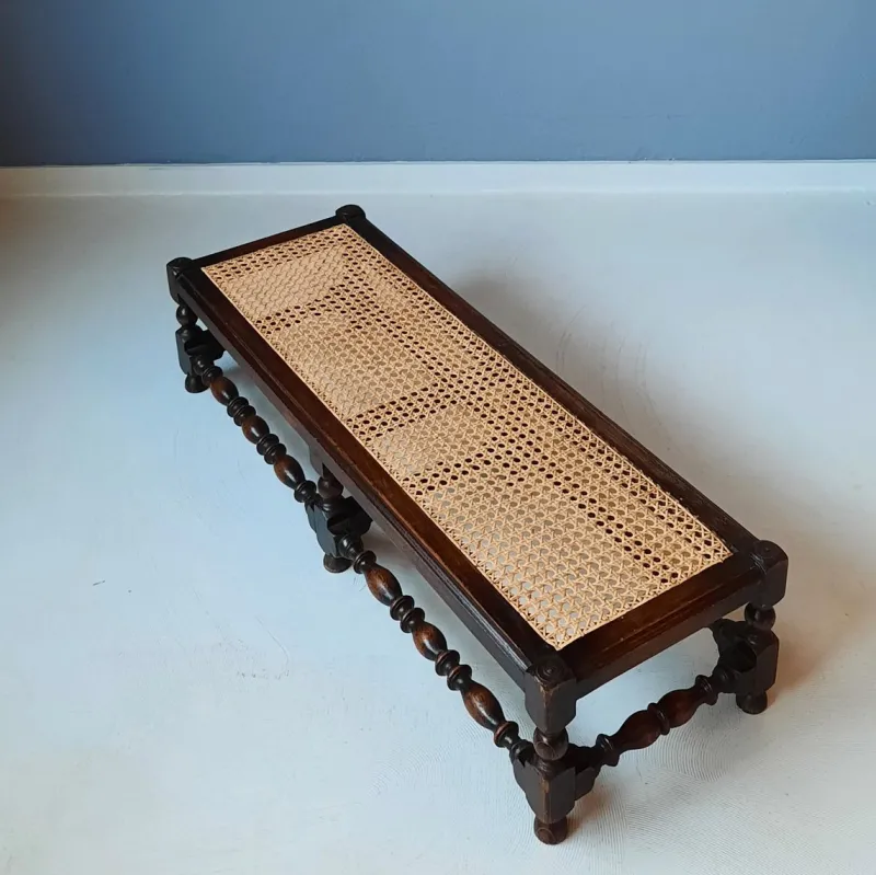 Pamono Antique English Foot Bench with Rattan, 1920s> Benches