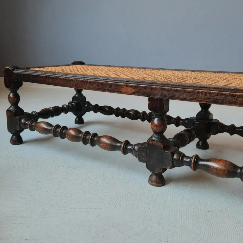 Pamono Antique English Foot Bench with Rattan, 1920s> Benches