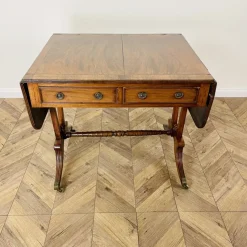Pamono Antique English Mahogany Drop-Leaf Stretcher Table on Castors, 19th Century> Console Tables