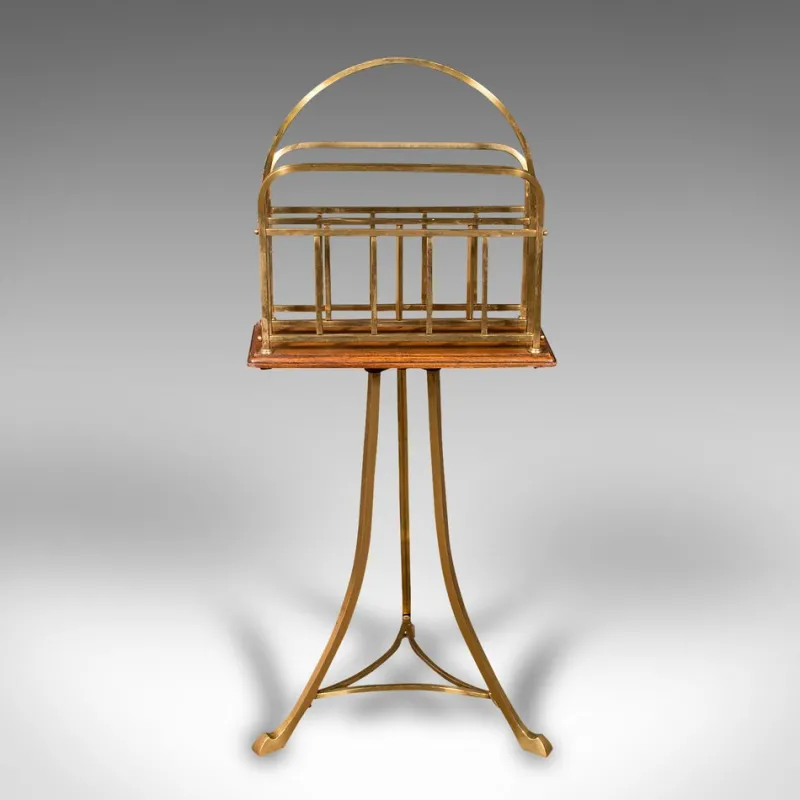Pamono Antique English Newspaper Stand in Oak & Brass, 1900s> Magazine Racks