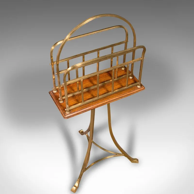 Pamono Antique English Newspaper Stand in Oak & Brass, 1900s> Magazine Racks