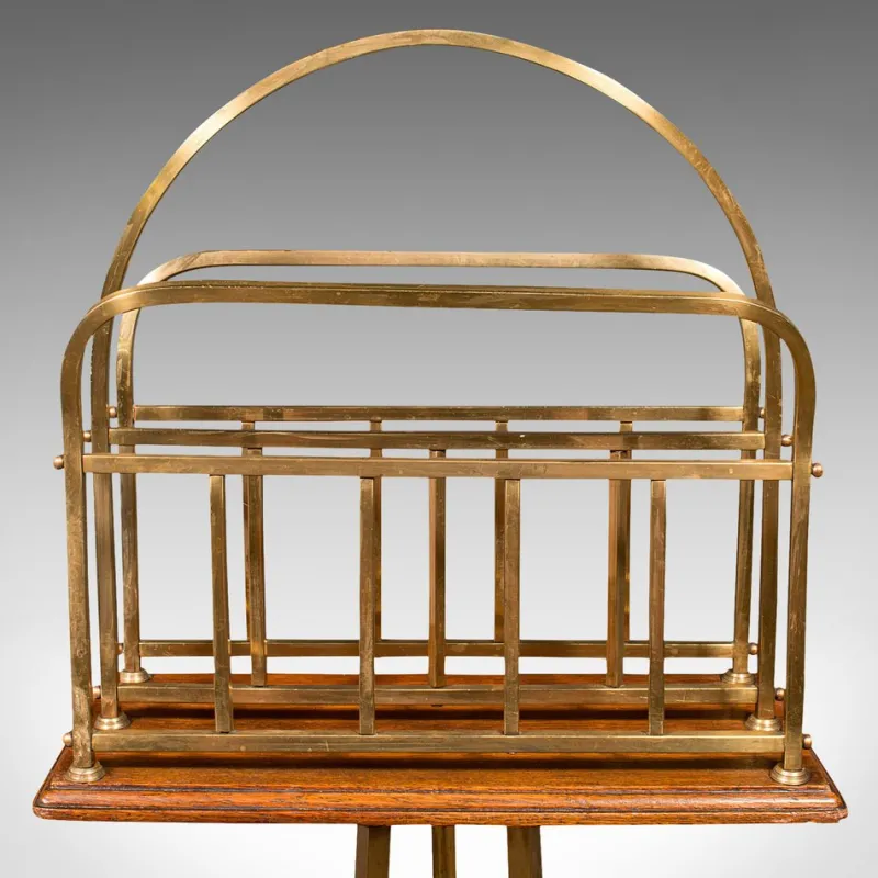 Pamono Antique English Newspaper Stand in Oak & Brass, 1900s> Magazine Racks