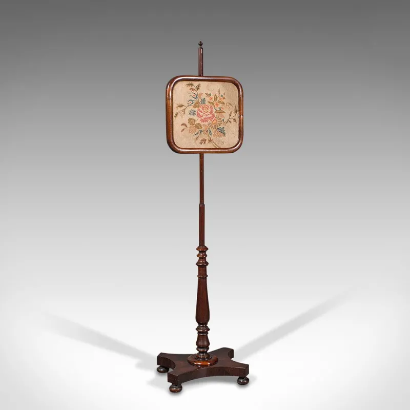 New Pamono Antique English Regency Adjustable Pole Screen Needlepoint Fire Shield, 1830s