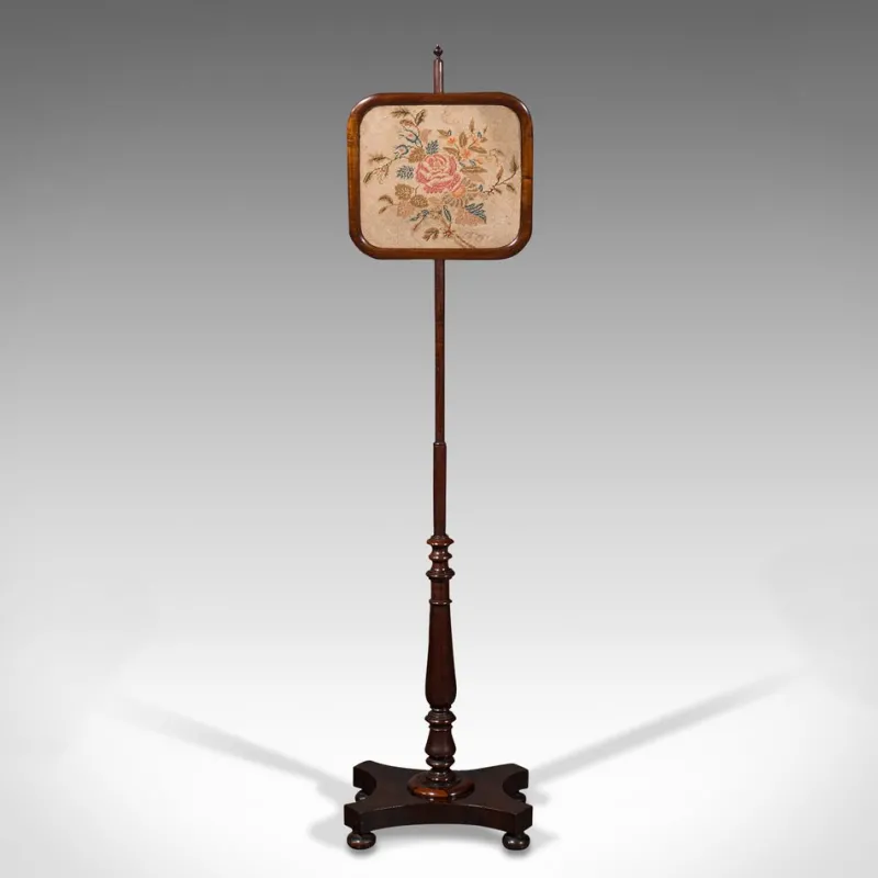 New Pamono Antique English Regency Adjustable Pole Screen Needlepoint Fire Shield, 1830s