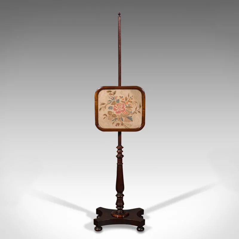 New Pamono Antique English Regency Adjustable Pole Screen Needlepoint Fire Shield, 1830s
