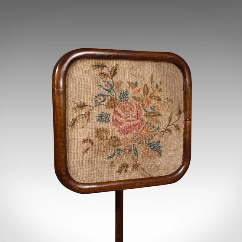 New Pamono Antique English Regency Adjustable Pole Screen Needlepoint Fire Shield, 1830s