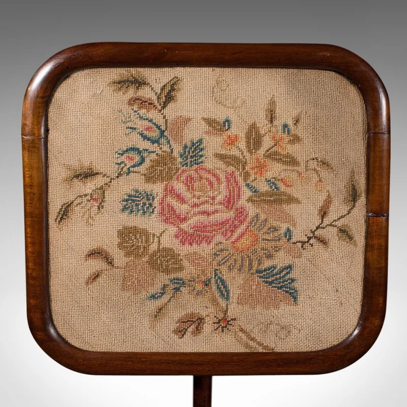 New Pamono Antique English Regency Adjustable Pole Screen Needlepoint Fire Shield, 1830s