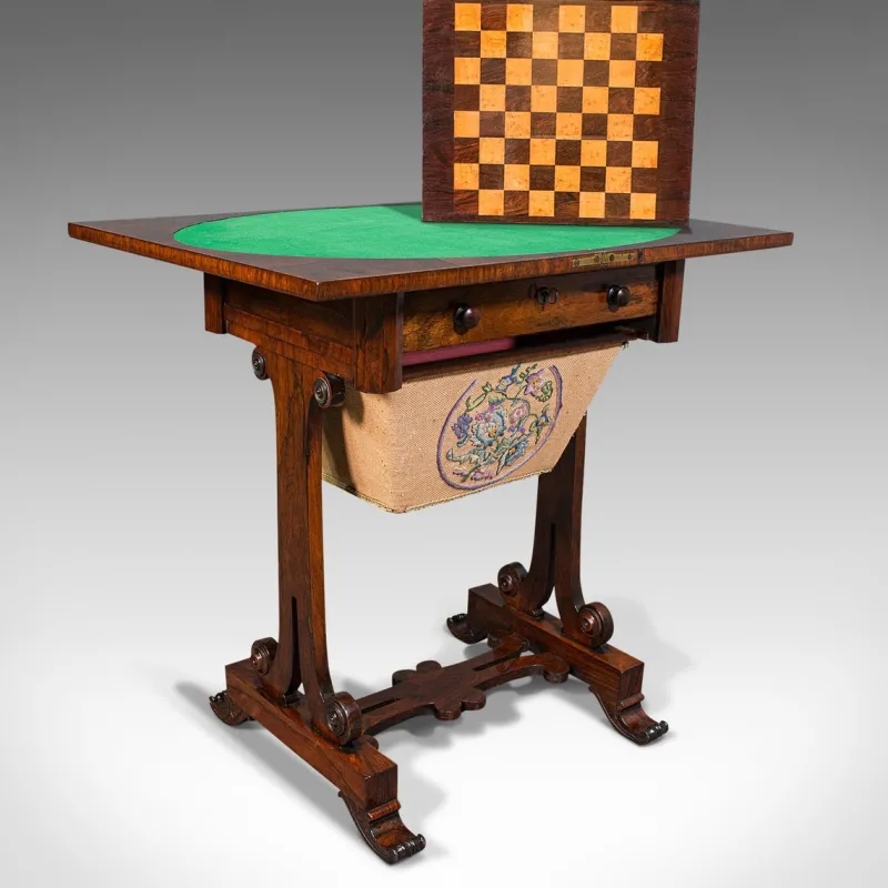 Pamono Antique English Regency Rosewood Fold Over Games Table, 1820s> Game Tables