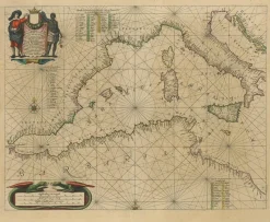 Pamono Antique Engraving of a Sea Chart of the Western Mediterranean, 1650s> Wall Decor