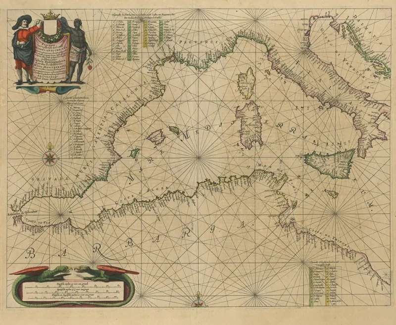 Pamono Antique Engraving of a Sea Chart of the Western Mediterranean, 1650s> Wall Decor