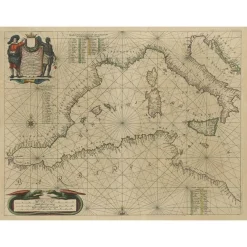 Pamono Antique Engraving of a Sea Chart of the Western Mediterranean, 1650s> Wall Decor