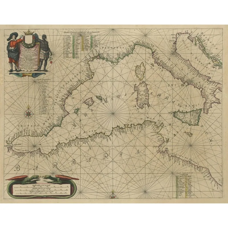 Pamono Antique Engraving of a Sea Chart of the Western Mediterranean, 1650s> Wall Decor