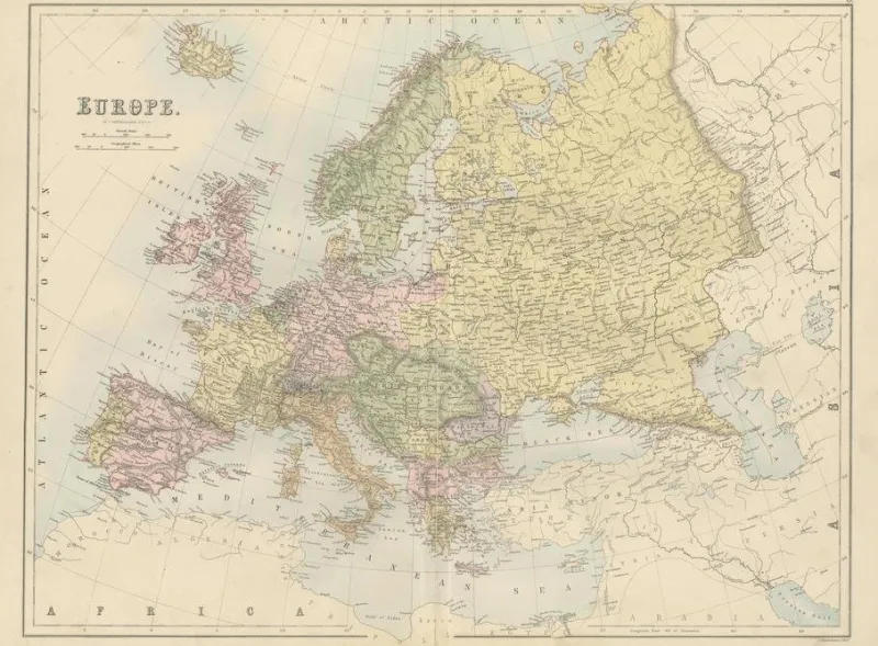 Pamono Antique Europe Map with Political Boundaries, 1884> Wall Decor