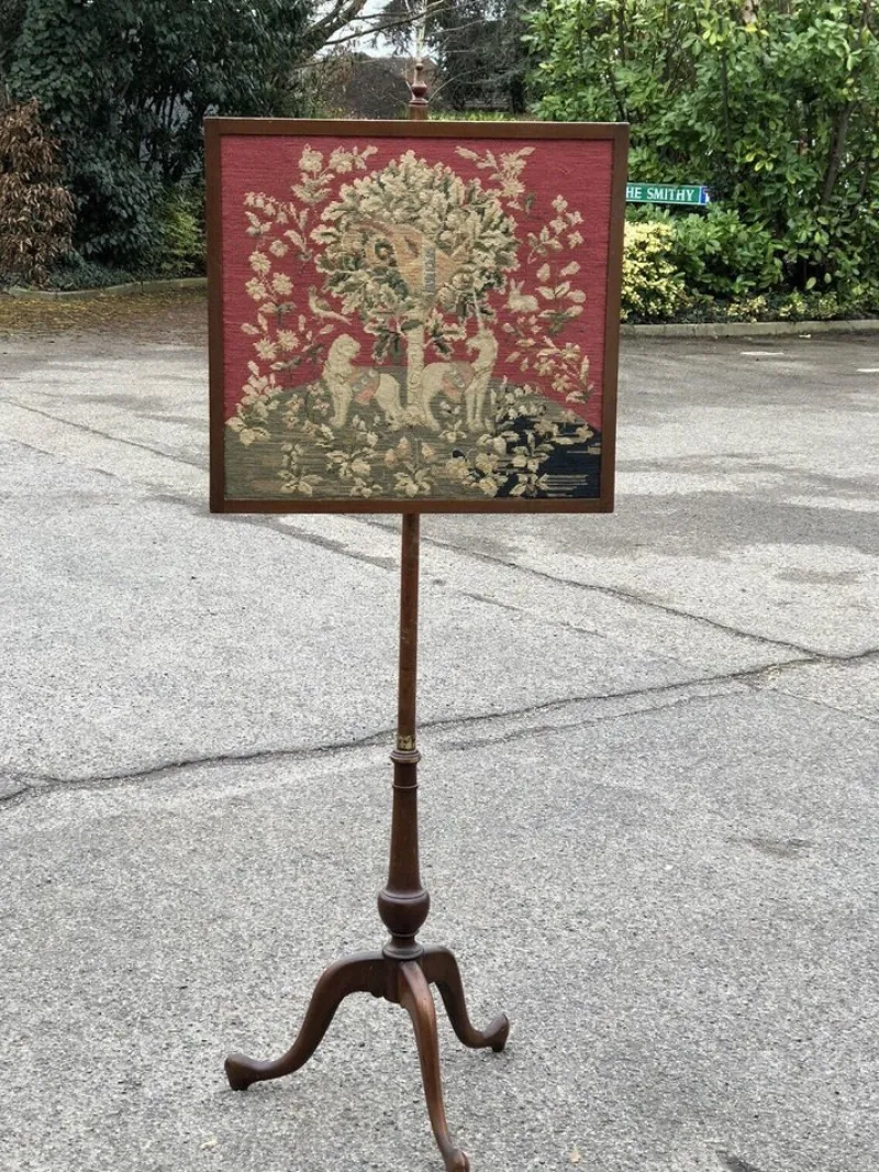 Pamono Antique Fire Screen with Tapestry> Fireplaces And Mantels