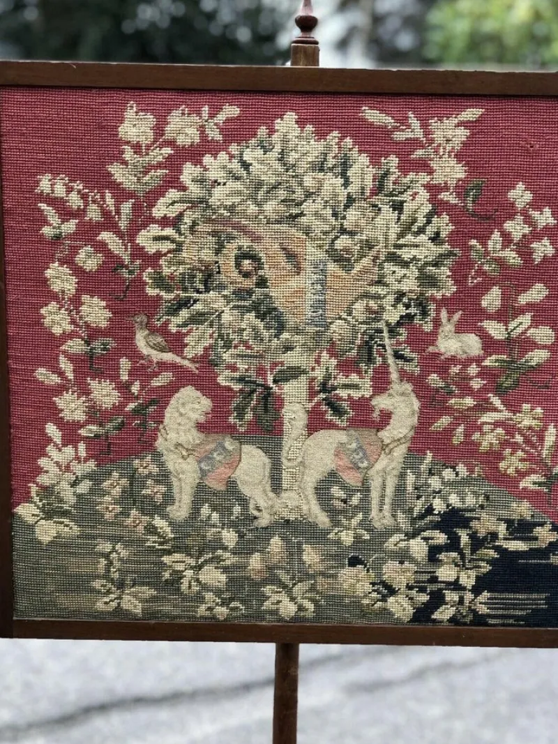 Pamono Antique Fire Screen with Tapestry> Fireplaces And Mantels
