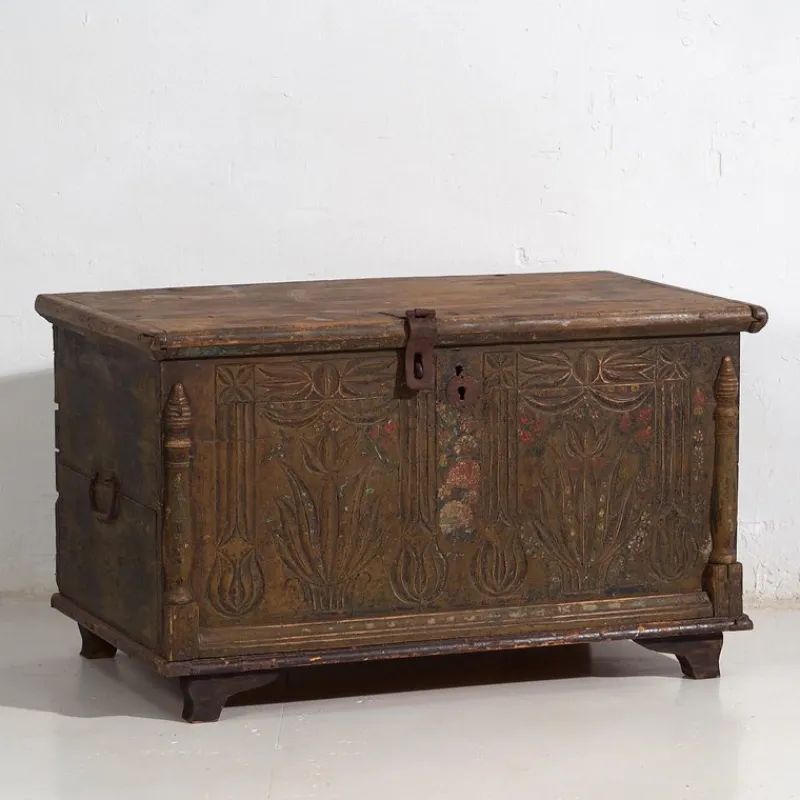 Pamono Antique Floral Carved Chest, 1820s> Trunks Crates & Baskets
