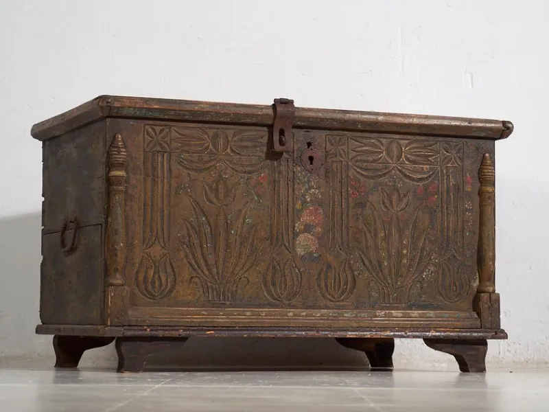 Pamono Antique Floral Carved Chest, 1820s> Trunks Crates & Baskets
