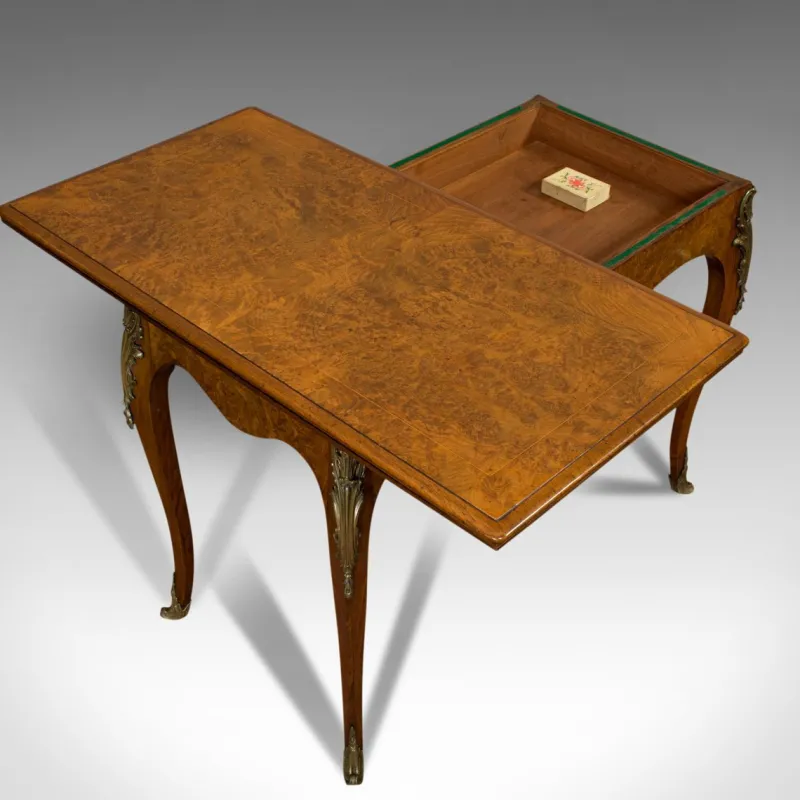 Pamono Antique French Burr Walnut Fold Over Card Table, 1870s> Game Tables