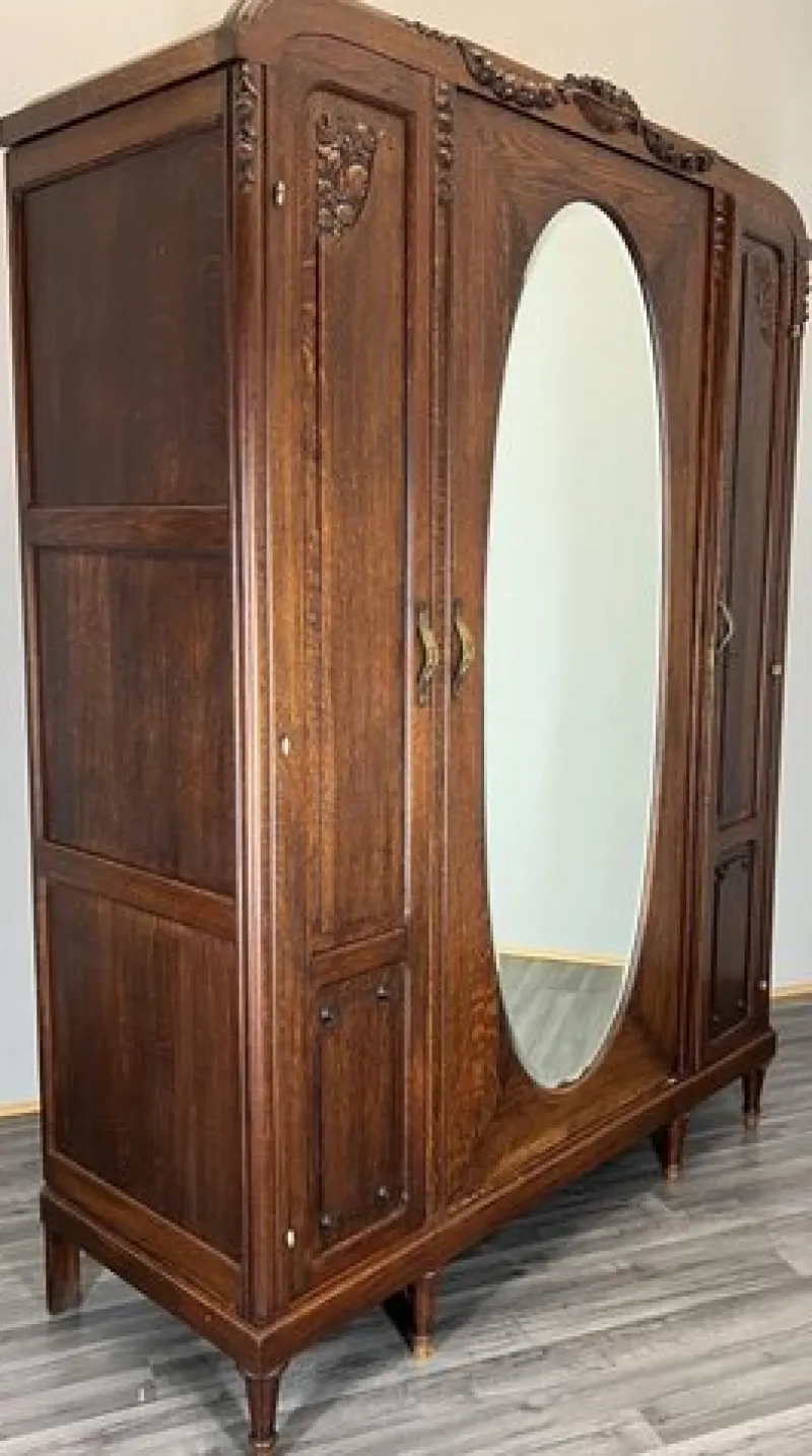 Pamono Antique French Carved Oak Wardrobe with Mirror> Cabinets & Wardrobes
