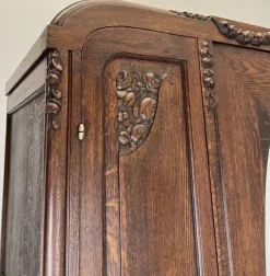 Pamono Antique French Carved Oak Wardrobe with Mirror><noscript><img width=