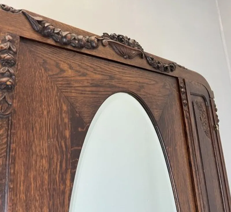 Pamono Antique French Carved Oak Wardrobe with Mirror> Cabinets & Wardrobes