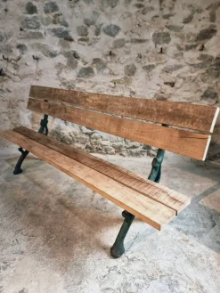 Pamono Antique French Cast Iron & Oak Park Bench in Sea Green Patina, 1890s><noscript><img width=