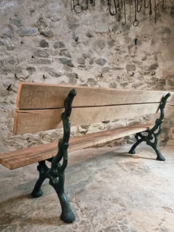 Pamono Antique French Cast Iron & Oak Park Bench in Sea Green Patina, 1890s><noscript><img width=