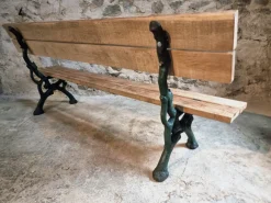 Pamono Antique French Cast Iron & Oak Park Bench in Sea Green Patina, 1890s><noscript><img width=