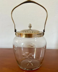 Pamono Antique French Crystal and Silver-Plated Biscuit Barrel with Etched Floral Motifs, Late 19th Century> Trunks Crates & Baskets