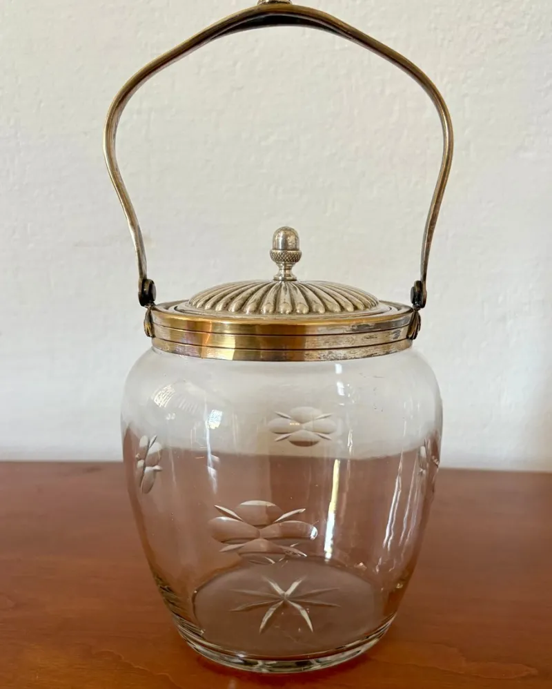 Pamono Antique French Crystal and Silver-Plated Biscuit Barrel with Etched Floral Motifs, Late 19th Century> Trunks Crates & Baskets
