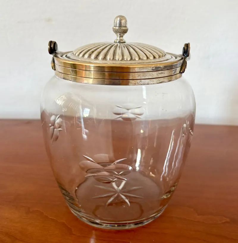 Pamono Antique French Crystal and Silver-Plated Biscuit Barrel with Etched Floral Motifs, Late 19th Century> Trunks Crates & Baskets