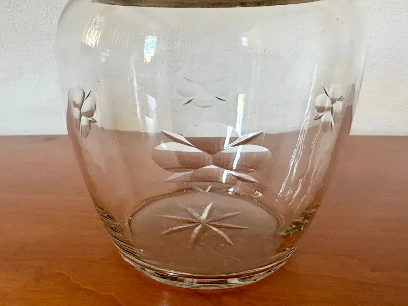 Pamono Antique French Crystal and Silver-Plated Biscuit Barrel with Etched Floral Motifs, Late 19th Century> Trunks Crates & Baskets