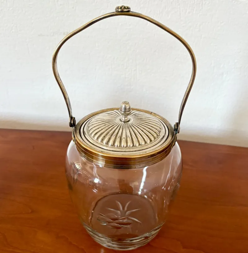 Pamono Antique French Crystal and Silver-Plated Biscuit Barrel with Etched Floral Motifs, Late 19th Century> Trunks Crates & Baskets