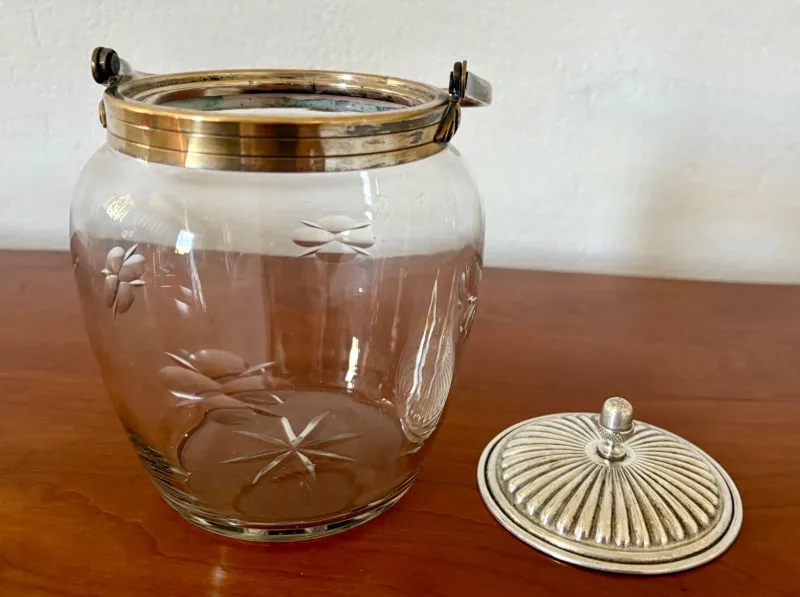 Pamono Antique French Crystal and Silver-Plated Biscuit Barrel with Etched Floral Motifs, Late 19th Century> Trunks Crates & Baskets