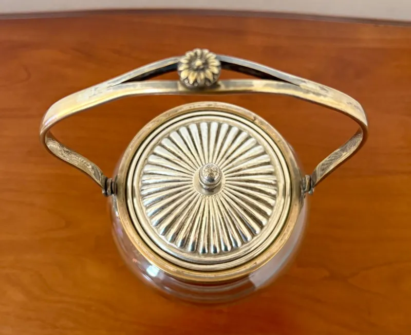 Pamono Antique French Crystal and Silver-Plated Biscuit Barrel with Etched Floral Motifs, Late 19th Century> Trunks Crates & Baskets