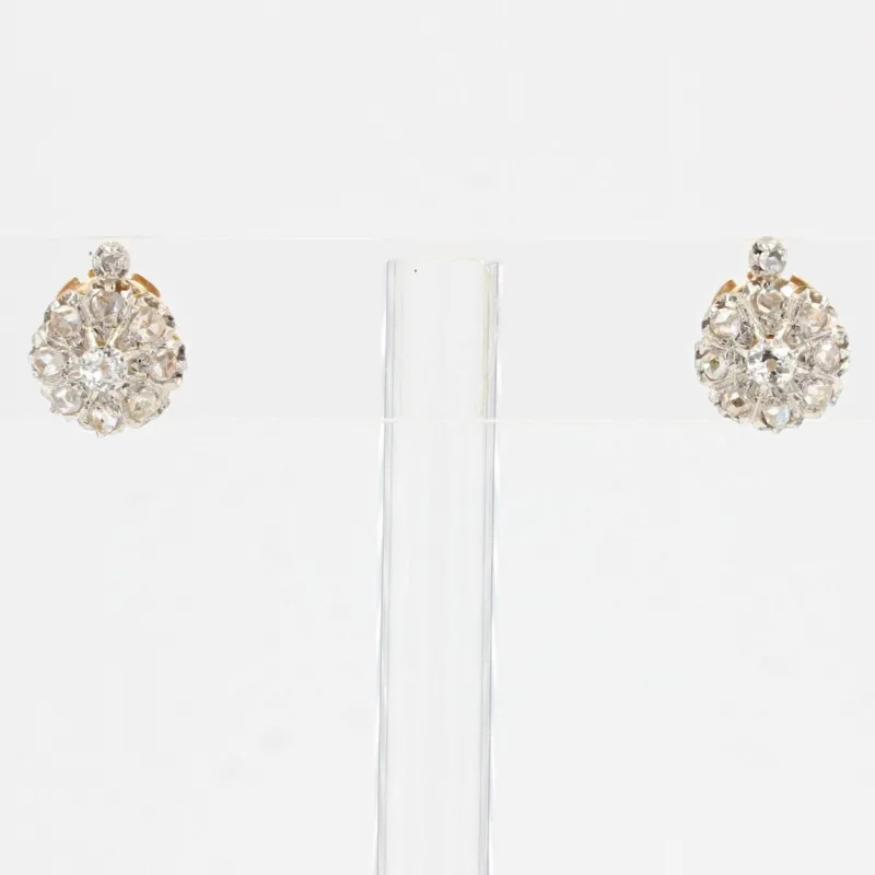 Clearance Pamono Antique French Daisy Earrings in 18K Yellow Gold Platinum with Diamonds