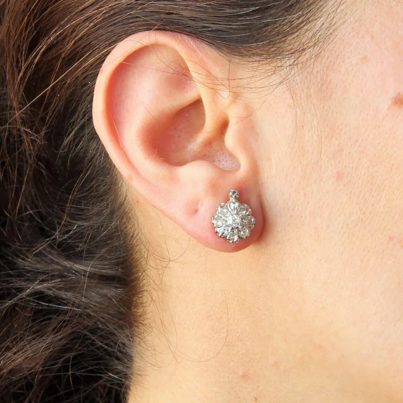 Clearance Pamono Antique French Daisy Earrings in 18K Yellow Gold Platinum with Diamonds