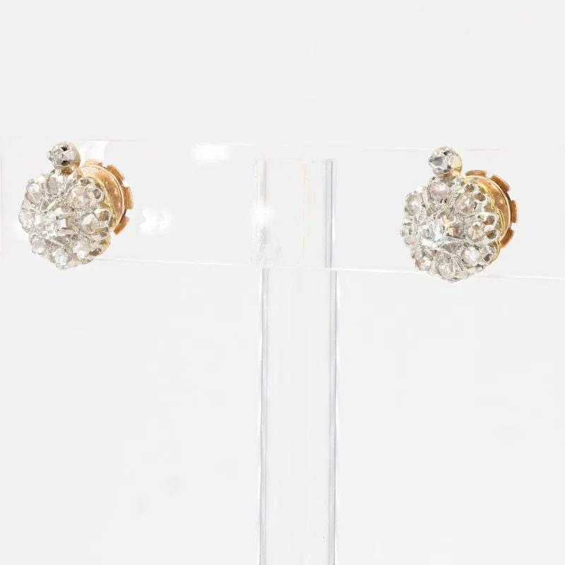 Clearance Pamono Antique French Daisy Earrings in 18K Yellow Gold Platinum with Diamonds