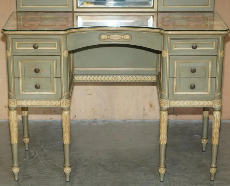 Pamono Antique French Empire Hand Painted Dressing Table with Tri Fold Mirror, 1900