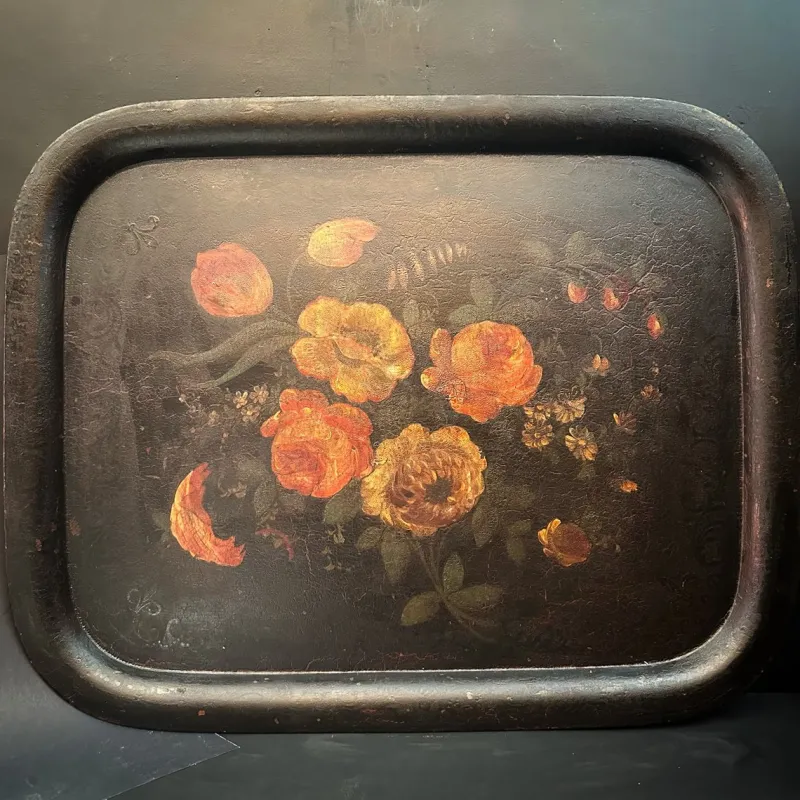 Online Pamono Antique French Floral Hand Painted Toleware Metal Tray