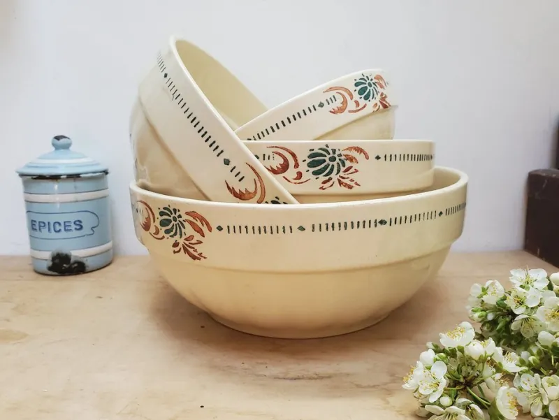 Pamono Antique French Floral Ironstone Terre de Fer Serving Bowls from Sarreguemines, Set of 4> Serving Dishes