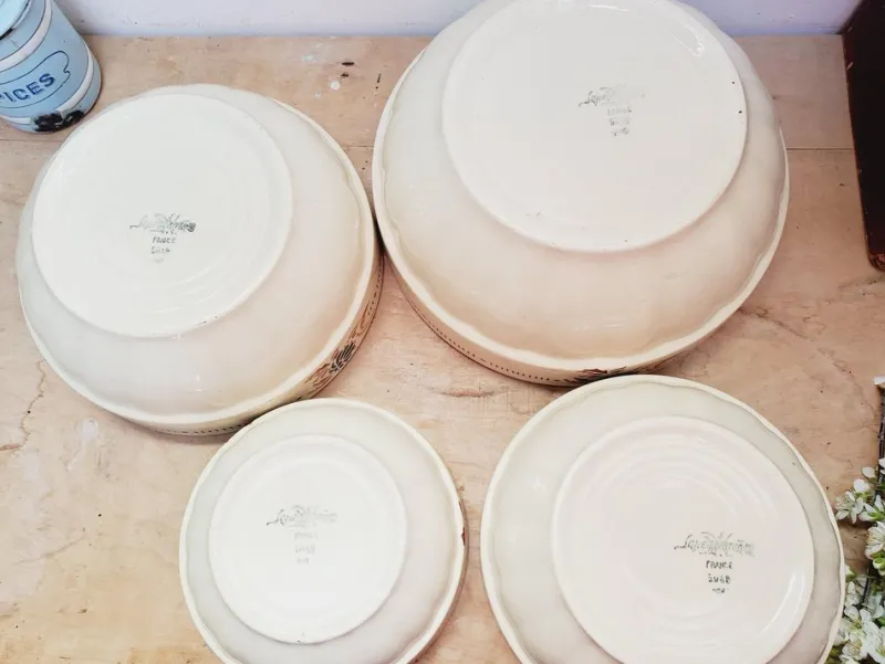 Pamono Antique French Floral Ironstone Terre de Fer Serving Bowls from Sarreguemines, Set of 4> Serving Dishes