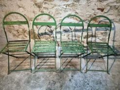 Pamono Antique French Iron Folding Garden Chairs with Aged Green Patina, 1920s, Set of 4> Garden Seating