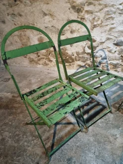 Pamono Antique French Iron Folding Garden Chairs with Aged Green Patina, 1920s, Set of 4><noscript><img width=