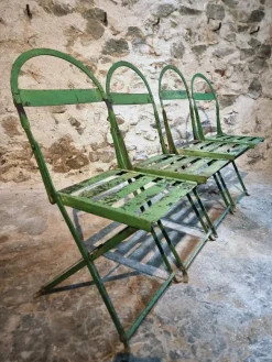 Pamono Antique French Iron Folding Garden Chairs with Aged Green Patina, 1920s, Set of 4><noscript><img width=